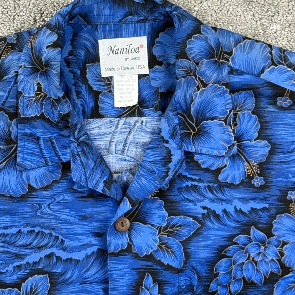 Vintage Naniloa Hawaiian Shirt Mens M Blue Hibiscus Aloha Made in Hawaii USA